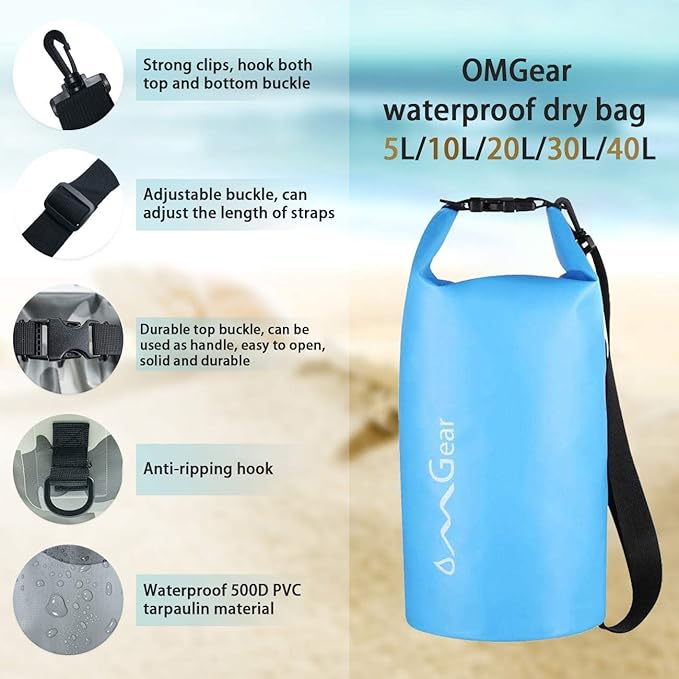 OMGear Waterproof Dry Bag Backpack Phone Pouch 40L/30L/20L/10L/5L Floating Dry Sack for Kayaking Boating Outdoors Activities