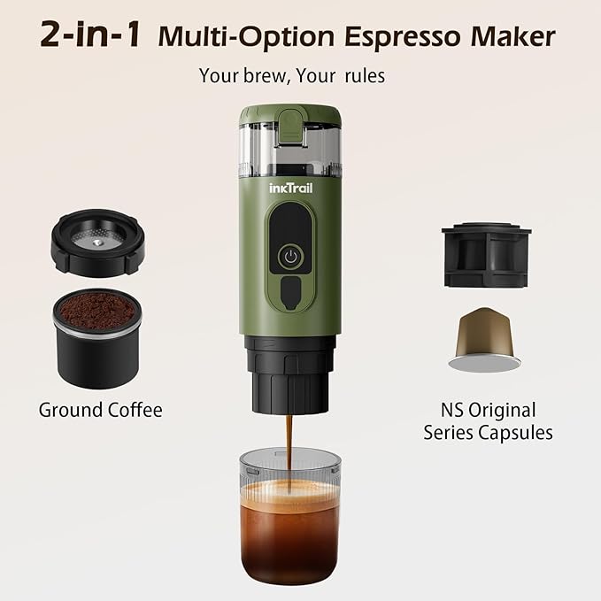 InkTrail Portable Electric Espresso Machine,Travel Coffee Maker for Camping, Self-Heating with Rechargeable Battery, Compatible with Ground Coffee & NS Original Capsule for Car, RV, Hiking, Office