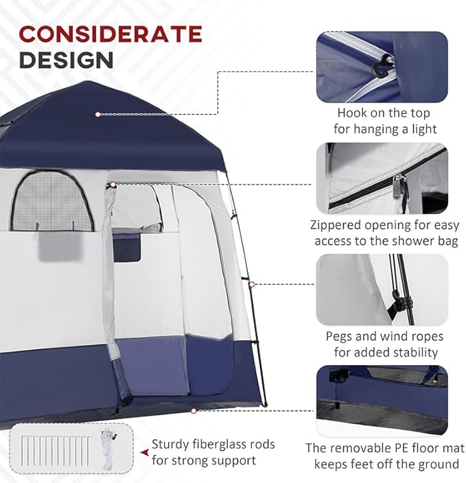 Outsunny Shower Tent, Pop Up Privacy Shelter for Camping, Dressing Changing Room, Portable Instant Outdoor Shower Tent Enclosure w/ 2 Rooms, Shower Bag, Floor and Carrying Bag