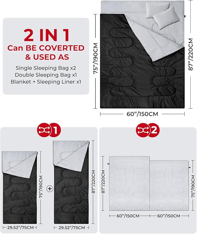 Ohuhu Double Sleeping Bag for Adults with 2 Pillows, Queen Size Two Person Sleeping Bag for Camping Hiking Backpacking 2 Person Sleeping Bags for Cold Weather & Warm