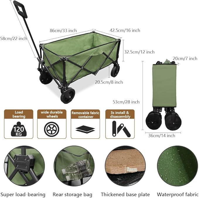 Folding Portable Large Sturdy Camping Wagon Carts, Utility Grocery Shopping Cart, Garden Farm Transport Cart, 360°Swivel Wheels & Brakers, Green
