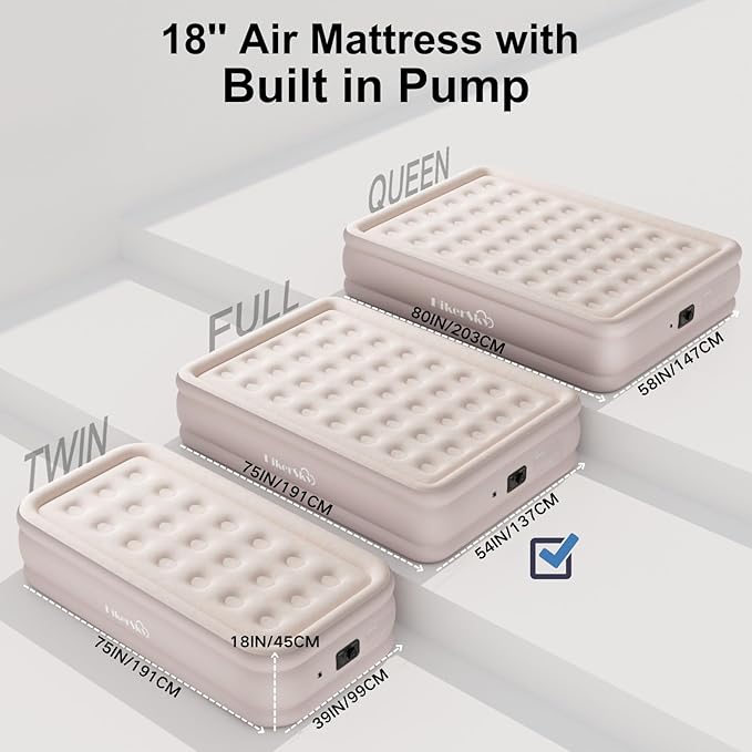 Full Size Air Mattress with Built in Pump, Air Bed with Portable Storage Bag, 18'' Blow up Mattress Suitable for Home and Guests, Top Flocking, 18" Full Khaki