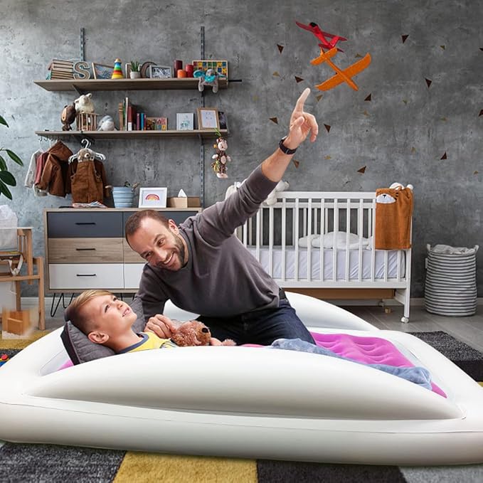 Inflatable Kids Travel Bed Toddler Air Mattress Set,Portable Blow Up Mattress Sleeping Bed Cot with Bed Rails and Electric Pump Ideal for Road Trip