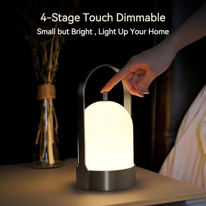 Tubicen Portable Outdoor Battery Operated Lantern Table Lamp Waterproof, 4000mAh Cordless Rechargeable 4 Levels Touch Dimmable Table Lamp, LED Night Light for Patio Camping Restaurant Balcony, Nickel