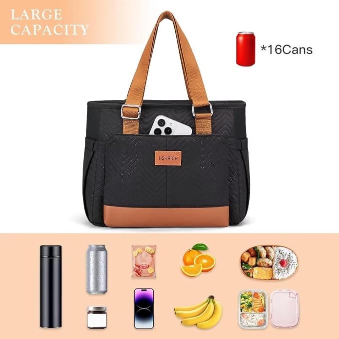 Lunch Bag Lunch Box Women - Leakproof Insulated Lunch Cooler Bag for Women - Large Lunch Tote Bags Adults, Brown Black