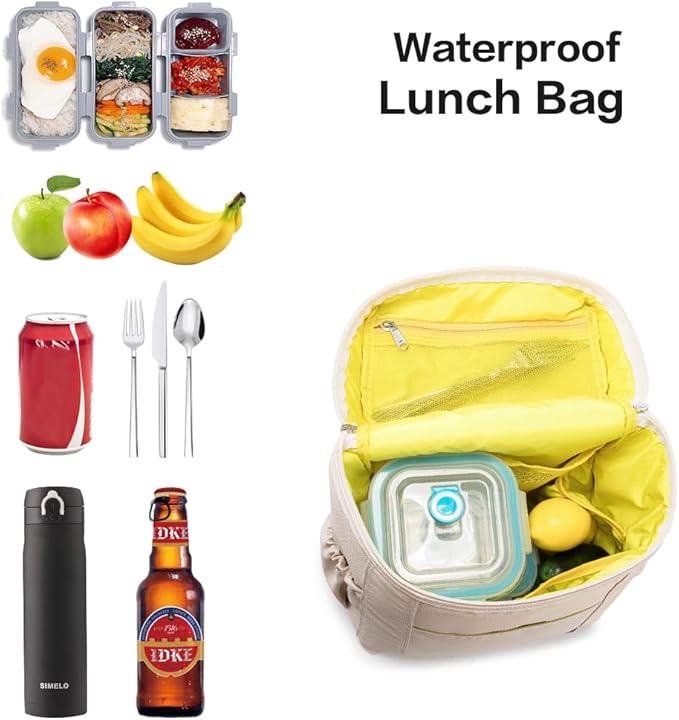 NOL Natural Organic Lifestyle Insulated Lunch Bags for Women Cooler Bag Lightweight Nylon Waterproof Lunch Box For Work (Cream, Large)