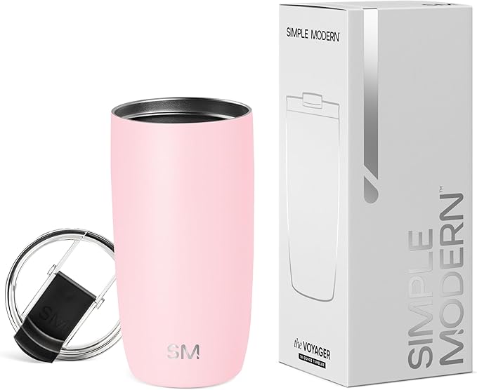 Simple Modern Travel Coffee Mug Tumbler with Flip Lid | Reusable Insulated Stainless Steel Cold Brew Iced Coffee Cup Thermos | Gifts for Women Men Him Her | Voyager Collection | 16oz | Blush