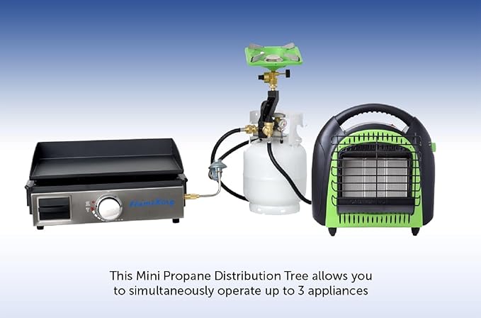 Flame King FK-DTMINI Mini 3-Port Distribution Tree for Camping, Connects 1-lb Appliances to a Standard Propane Tank, Perfect for Lanterns, Stoves, Heaters, and Grills, Black & Gold