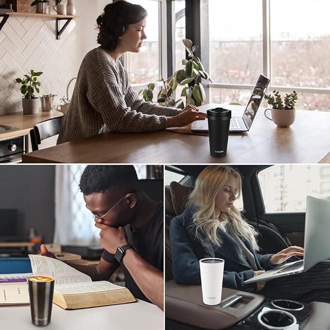 Funkrin Insulated Coffee Mug with Ceramic Coating, 16oz Iced Coffee Tumbler Cup with Flip Lid and Handle, Double Wall Vacuum Leak-Proof Travel Mug for Office School Party Camping