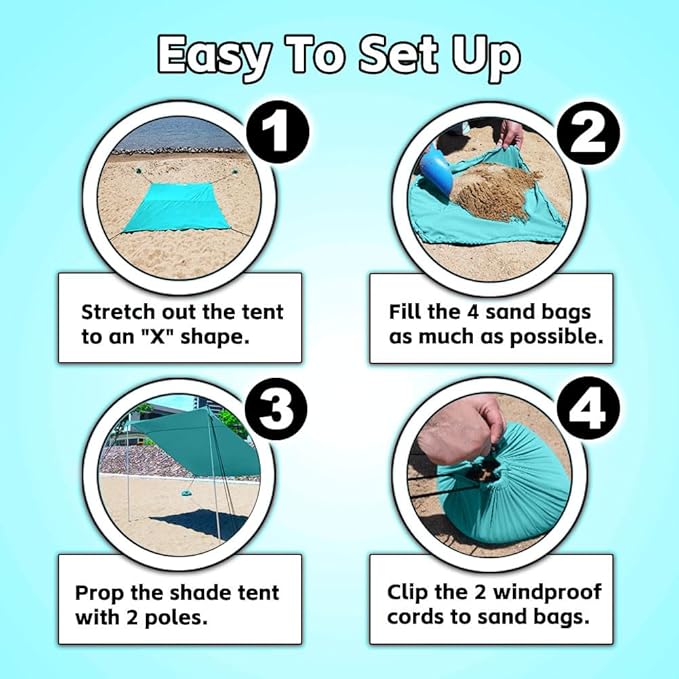 Beach Shade Tent, Portable Easy Pop Up Beach Canopy, UPF50+ Sun Protection Shelter, Windproof & Water Resistant, Perfect for Family