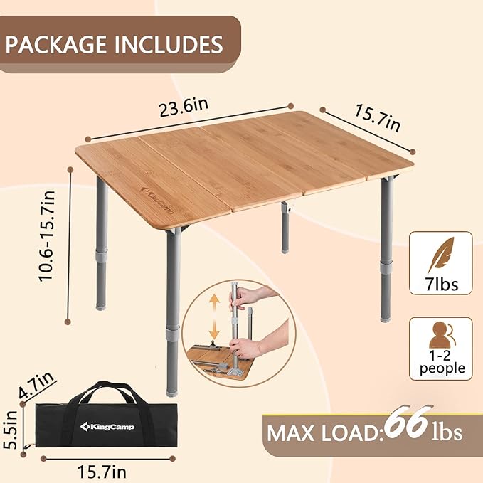 KingCamp Bamboo Adjustable, Anti-UV Portable Folding Table, Picnic, Camping, Three Heights,2-6 People, 23.6x15.7x10.6/15.7in, Yellow_23.6"x15.7", 2 Person