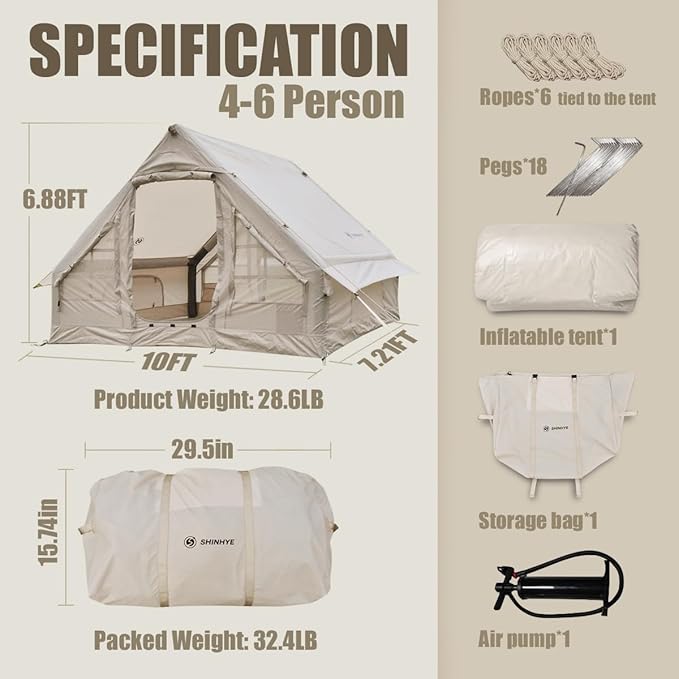 Inflatable Tent for Camping Blow Up Tents Glamping 4 Season House, Air Tents with Pump, Easy Setup Oxford Cabin House with Double-Layer Mesh Windows & Double Doors