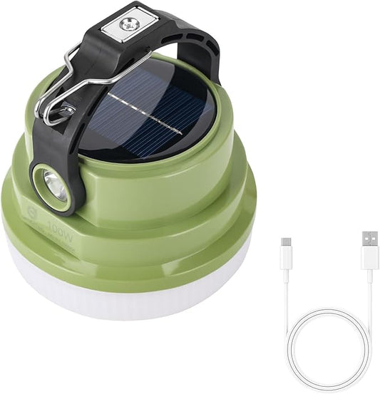 Solar Camping Lantern Rechargeable, 2-in-1 10000mAh Rechargeable Camping Light and Phone Charger for Hiking,Travel - Emergency Hanging Light for Hurricane, Power Outage, 100W, Green