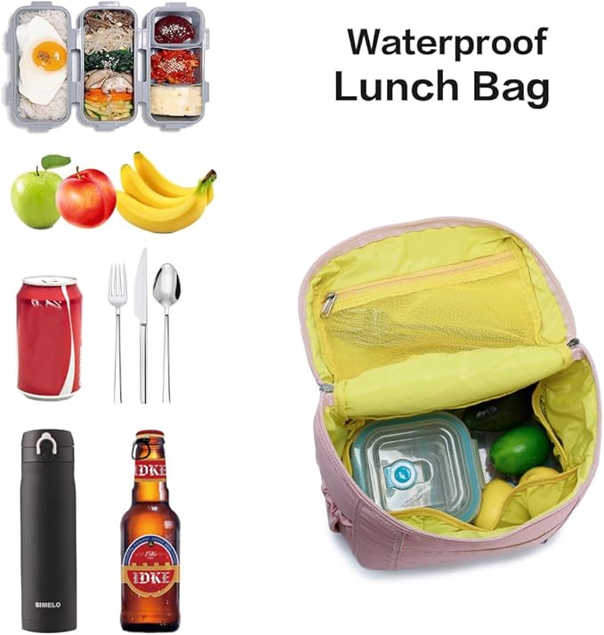 NOL Natural Organic Lifestyle Insulated Lunch Bags for Women Cooler Bag Lightweight Nylon Waterproof Lunch Box For Work (Pink, Large)