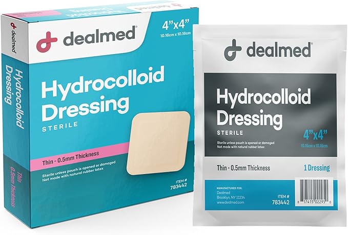 Dealmed Brand Hydrocolloid Dressing 4” x 4” Thin Bandages Wound Care for First Aid Kits Individually Packed (10/Box)