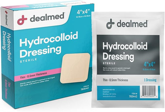Dealmed Brand Hydrocolloid Dressing 4” x 4” Thin Bandages Wound Care for First Aid Kits Individually Packed (10/Box)