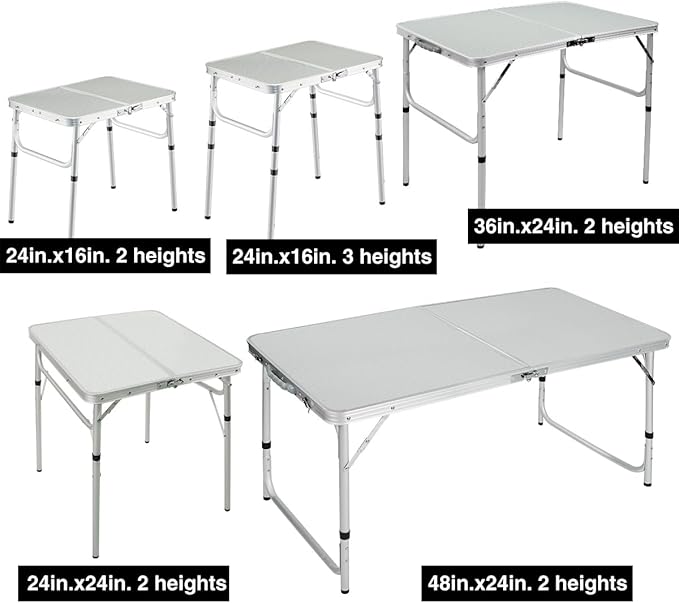REDCAMP Small Camping Table 2 Foot, Portable Aluminum Folding Table Adjustable Height Lightweight for Picnic Beach Outdoor Indoor, White 24 x 16 inch (3 Heights)