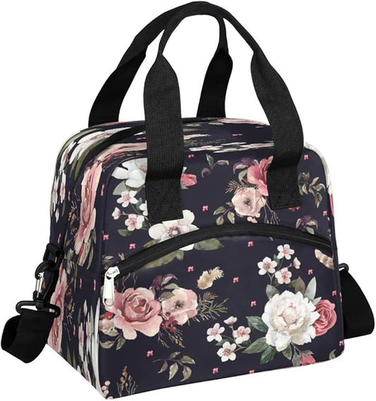 Insulated Lunch Bags for Women - Portable Leakproof Thermal Lunch Box Tote for Adult Men Cooler Bag with Adjustable Shoulder Strap for Work, Beach, Picnic or Travel (Flowers)