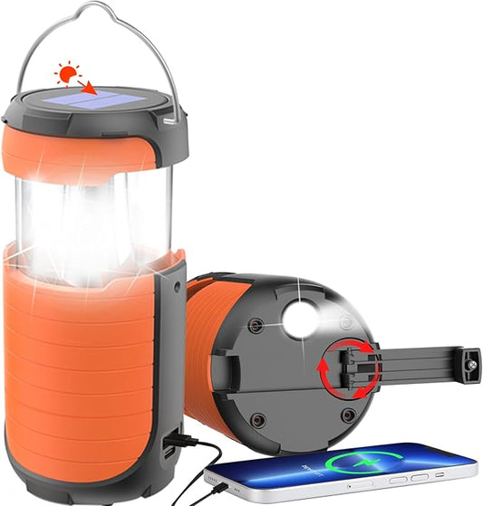 Battery Operated Camping Light Rechargeable, Manual Crank Generator/Solar Panel/USB-C Charging, 5000mAh Power Bank Foldable LED Tent Light, Power Outage, Outdoor Emergency Survival Essentials (Orange)
