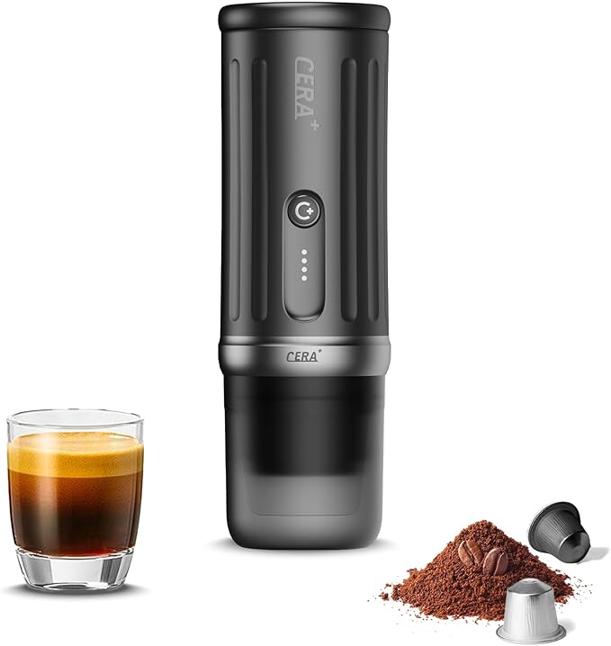 CERA+ Self-Heating Portable Espresso Machine,Up to 8 Cups per Charge & 22 Bar, 13500mAh, CERApresso Works with NS Capsules & Grounds, Electric Coffee Maker for Camping,Hiking,Office & Car/Air Travel