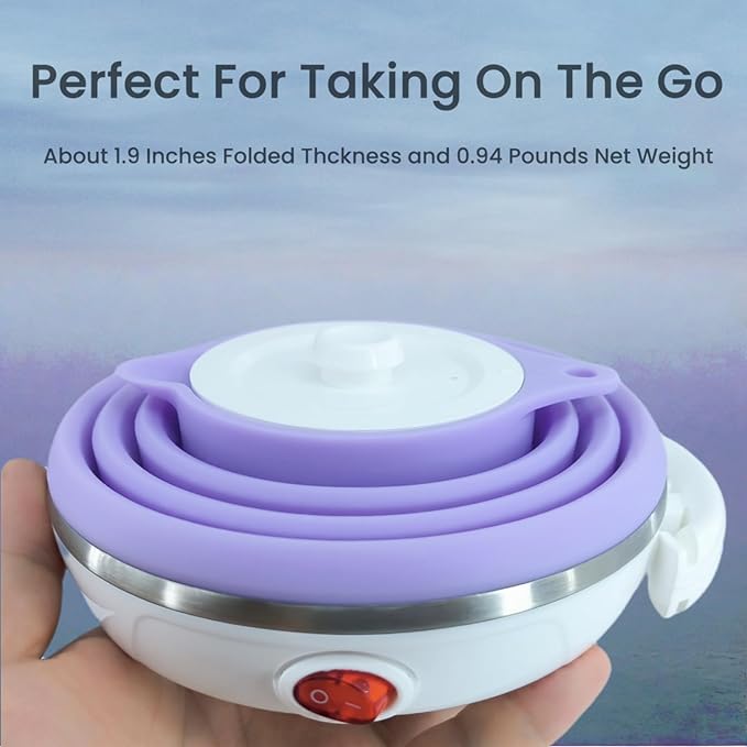 Collapsible Travel Kettle, Portable Electric Kettle, Travel Tea Kettle, Portable Water Boiler, Food Grade Silicone, Auto Shut off and Keep Warm, 110V 555ml (Purple)