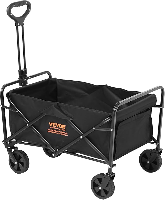VEVOR 350lbs Collapsible Foldable Wagon Cart, Heavy Duty Foldable Utility Beach Wagon with Big Wheels, Portable Grocery Camping Cart with All Terrain Wheels and Drink Holder