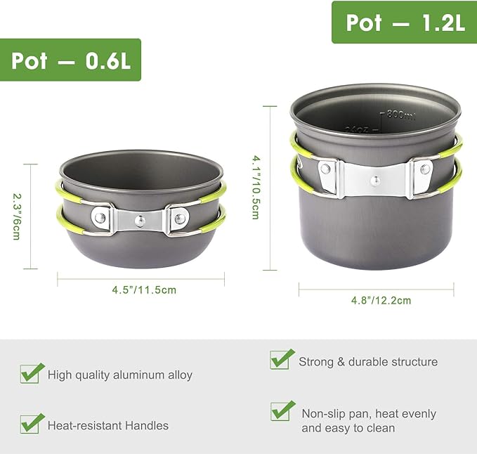 G4Free 2/4/13 PCS Camping Cookware Mess Kit Hiking Backpacking Picnic Cooking Bowl Non Stick Pot Knife Spoon Set