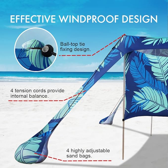 Beach Canopy Tent Shade with Sidewalls 10x10FT, 6.6FT Tall, UPF50+ Sun Shelter, Windproof & Water Resistant, Includes Guylines Sand Shovel Stability Poles, Easy Up for Beach Outdoor Camping Backyard