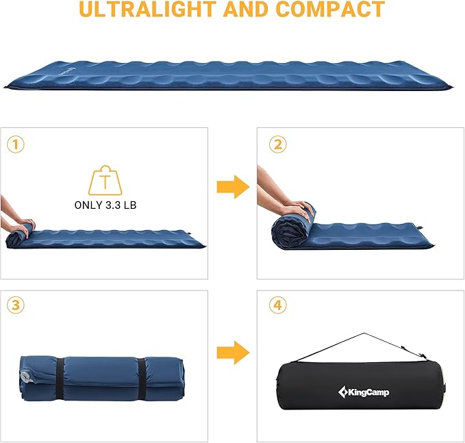 KingCamp Self Inflating Sleeping Pad for Camping with Built-in Pillow, Ultralight Sleeping Pad Camping Mat Durable for Camping Backpacking Hiking Single Double, 4 Size