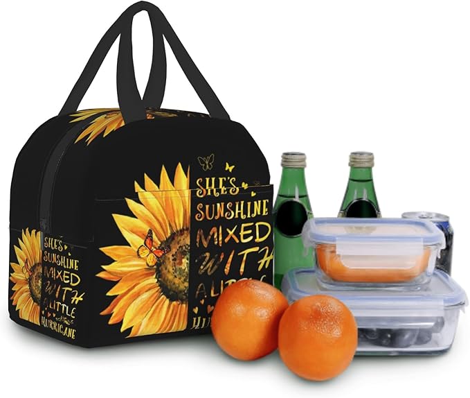 Giwawa Sunflower Insulated Lunch Bag for Girls Women, Sunshine Yellow Floral Inspirational Thermal Lunch Box with Front Pocket Reusable Meal Cooler Tote Bag for Kids Teens College Office