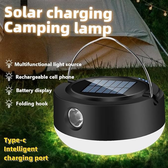 LED Lantern, Solar Camping Lantern, Outdoor Camping lamp, Waterproof Tent lamp, for Power Outages, Emergency situations, Hurricanes, Home, Hiking (USB Cable Included)，5 Light Mode (Black)