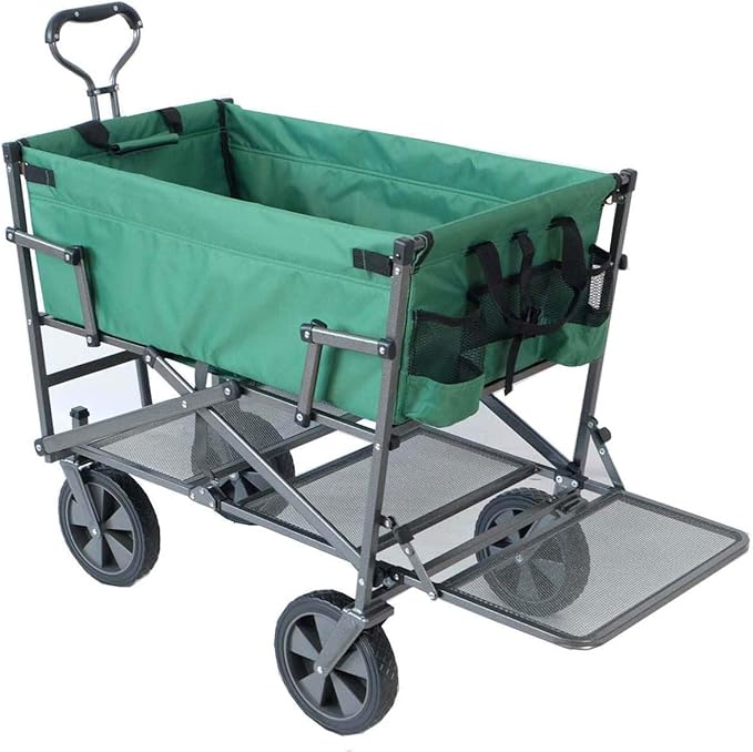 MacSports Double Decker Heavy Duty Steel Frame Collapsible Outdoor 150 Pound Capacity Yard Cart Utility Garden Wagon with Lower Storage Shelf, Green