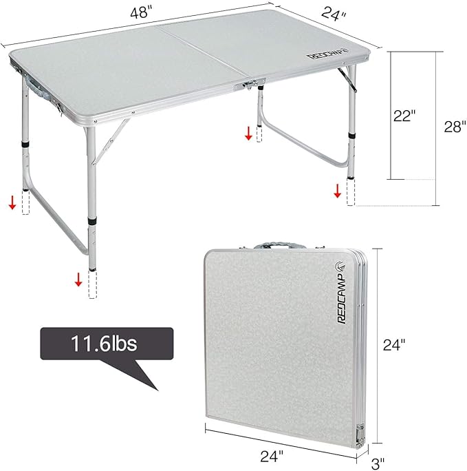 REDCAMP Aluminum Camping Table 4 Foot, Portable Folding Table Adjustable Height Lightweight for Picnic Beach Outdoor Indoor, White 48 x 24 inches