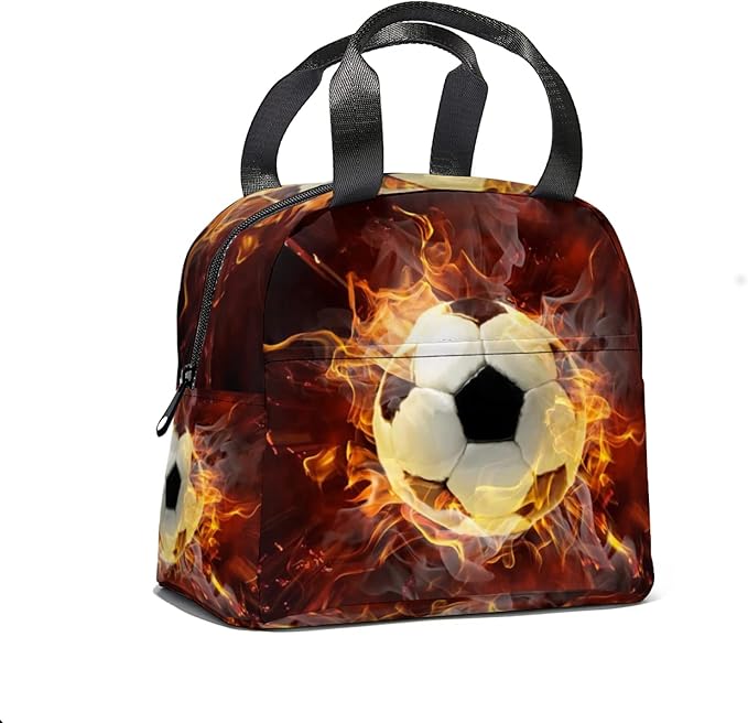 Giwawa Soccer Lunch Bag for Kids, Fire Sport Ball Insulated Reusable Lunch Box, 3D Football Print Thermal Cooler Lunch Tote Bag for Boys Girls School Men Women Office Picnic