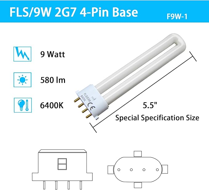 FLS/E9W 6400K 2G7 Base Camping Lantern Bulb, Replacement for Rayovac F9w-1, Kandolite 96500, Coleman, Ozark Trail, 4 Pin 2G7 Base, 2 Pack