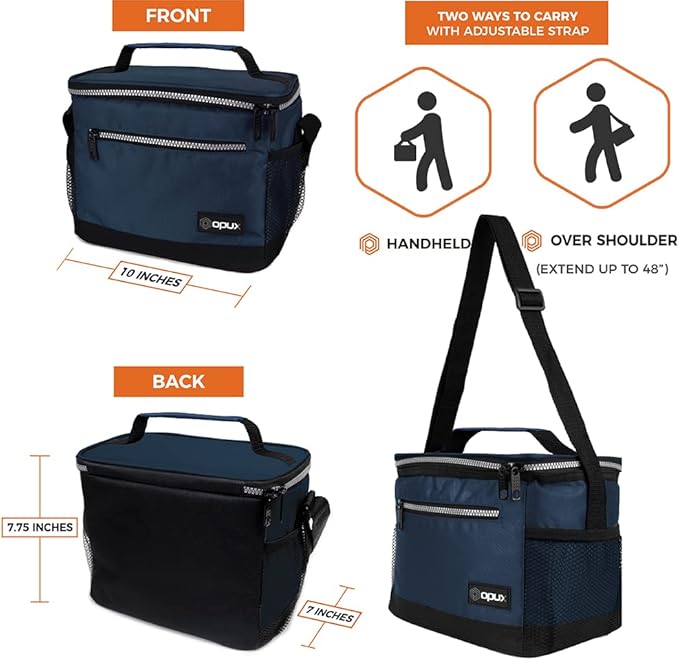 opux Insulated Lunch Box Men Women, Lunch Bag for Work School, Leakproof Soft Cooler Tote Adult, Large Lunch Pail Kids Boys Girls, Picnic Beach Food Bag with Shoulder Strap, Navy