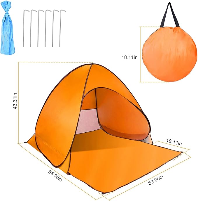 Pop Up Beach Tent for 2-3 Person, UPF50+ Anti-UV Sun Shelter w/Storage Bag, Portable Waterproof Instant Sun Shade Canopy for Outdoor Beach Camping Hiking Travel Family, Orange
