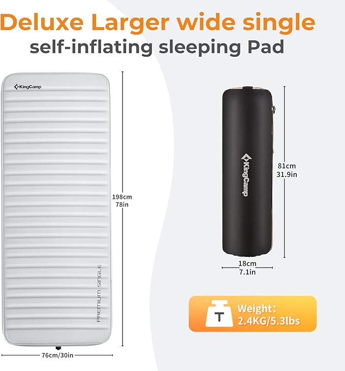 KingCamp Self Inflating Sleeping Pad for Camping Ultra Thick Double Single Foam Mattress High R Value Camping Air Pad Mat, Multi Colors & Sizes