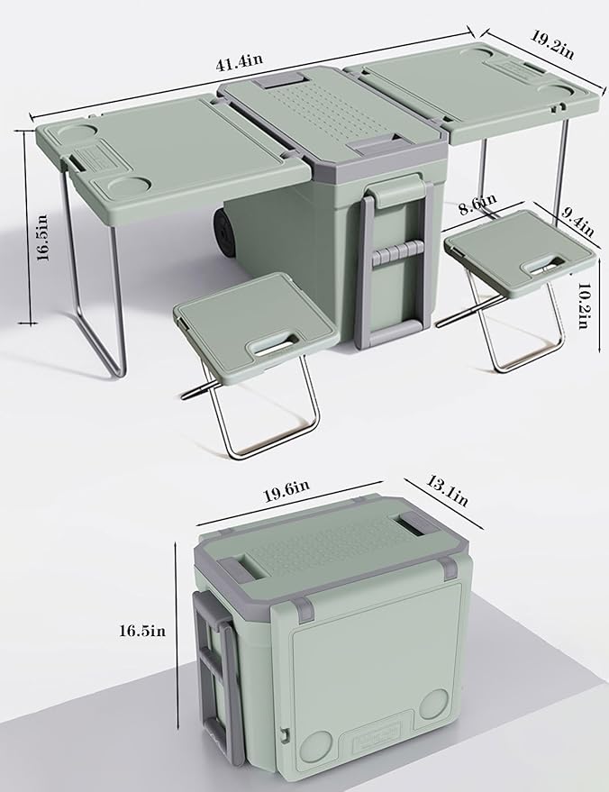 Multi Function Rolling Cooler, Warm with Wheels Table and 2 Chairs for Picnic Camping Outdoor, Foldable Upgraded Stool, 32L Heat Insulation Box (Color : Green)