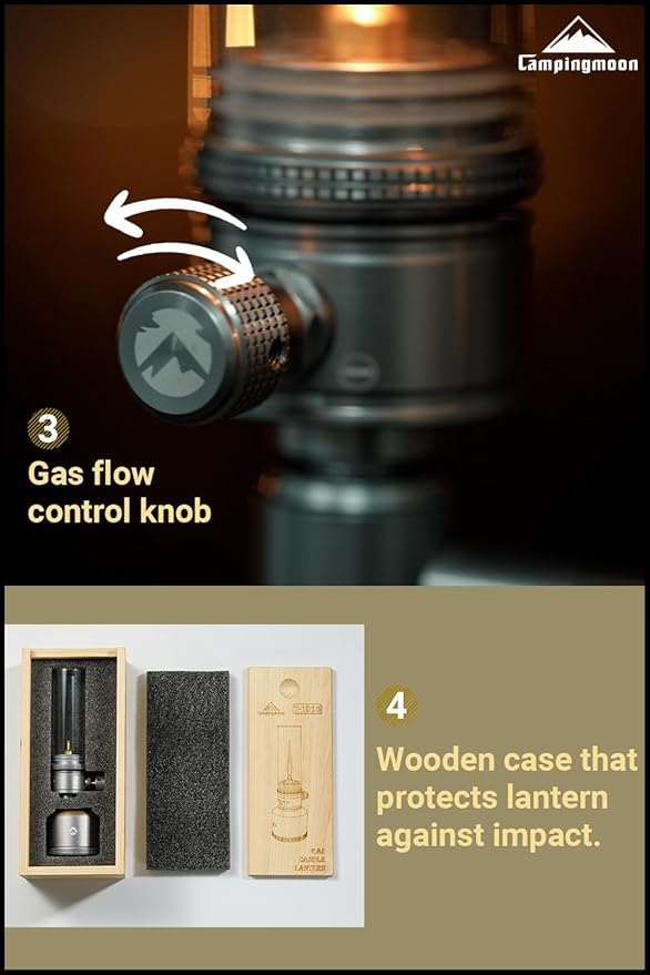 CAMPINGMOON Camping Gas Lantern Gas Candle with Empty Tank Wooden Lantern Case T-1D15