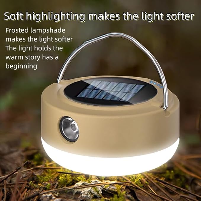 LED Lantern, Solar Camping Lantern, Outdoor Camping lamp, Waterproof Tent lamp, for Power Outages, Emergency situations, Hurricanes, Home, Hiking (USB Cable Included)，5 Light Mode (Khaki)