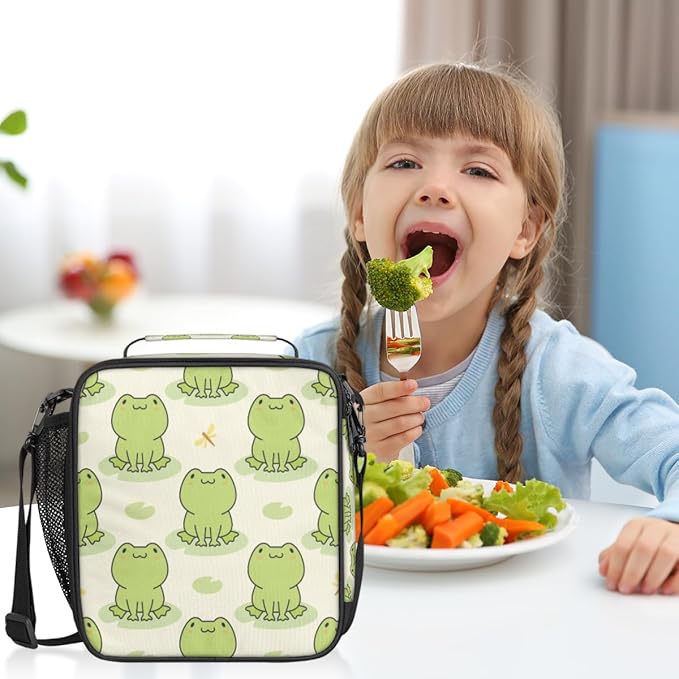 Pardick Cute Frog Kids Lunch Bag Animal Green Frogs Insulated Lunch Box for Boys Girls Waterproof Lunch Bento Tote Bags Thermal Lunchbox School Lunchbox Insulated with Shoulder Strap