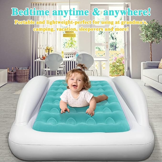 Inflatable Kids Travel Bed Toddler Air Mattress Set,Portable Blow Up Mattress Sleeping Bed Cot with Bed Rails and Electric Pump Ideal for Road Trip