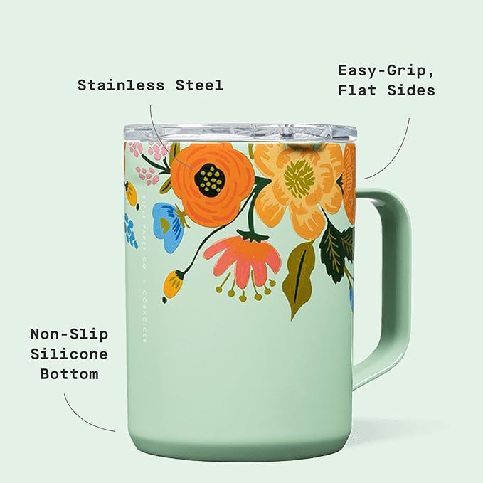 Corkcicle x Rifle Paper Co. Triple Insulated Coffee Mug with Lid & Handle - Keeps Beverages Hot for 3+ Hours - Gift for Mom - Great for Mother's Day or Christmas - 16 oz - Mint Lively Floral