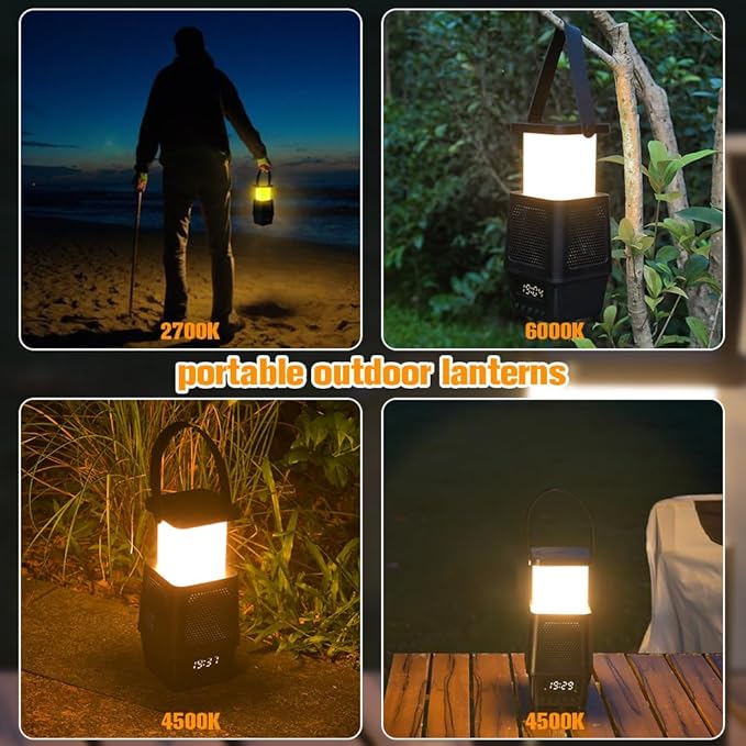 AVANLO 3 in 1 Small Camping Lantern Lamp Bluetooth Speaker for Hiking Portable,Rechargable Outdoor Table Lamp Dimmable Night Light Clock Battery Operated(Included) Cordless Emergency Light 7200mAh