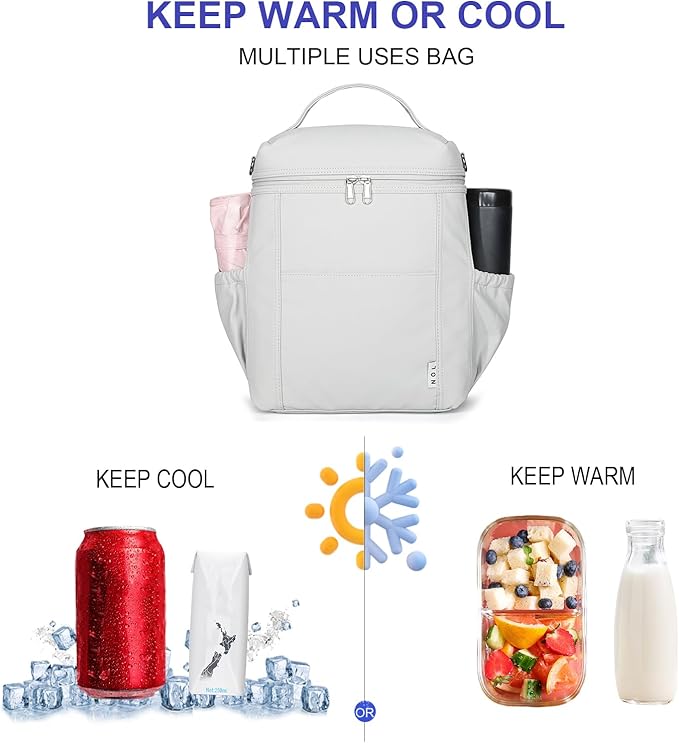 NOL Natural Organic Lifestyle Insulated Lunch Bags for Women Cooler Bag Lightweight Nylon Waterproof Lunch Box For Work (Gray White, Large)