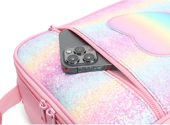 FlowFly Kids Lunch box Insulated Soft Bag Mini Cooler Back to School Thermal Meal Tote Kit for Girls, Boys, Glitter-RainBow
