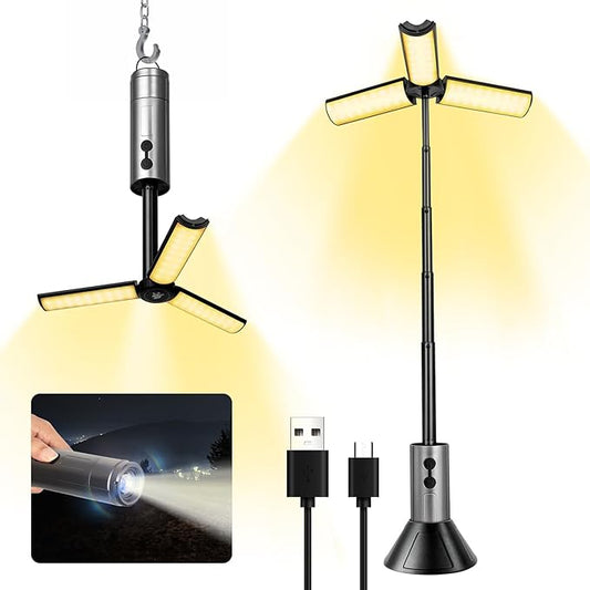 Rechargeable LED Camping Light, 3000mAh Telescopic Camping Light 3 Page Head 5 Lighting Modes Cordless Waterproof Camping Flashlight Lantern for Power Outages Indoor, Hiking Outdoor