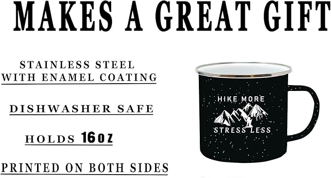 Rogue River Tactical Funny Black Large Camp Mug Enamel Camping Coffee Cup Gift Hike More Stress Less Camping Gear