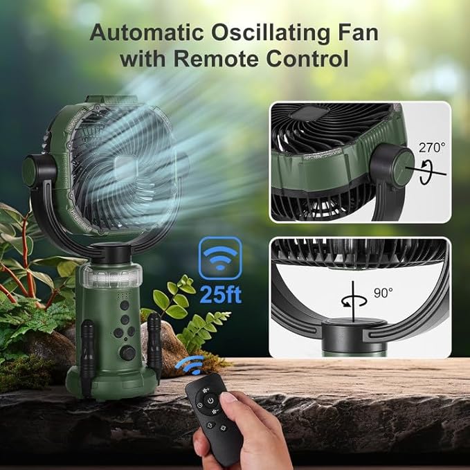 Odoland Camping Fan with Lantern, 360° Oscillation 20000mAh Table Fan with Remote & Hook, Rechargeable Battery Operated Outdoor Power Fan with Light for Camp, Family Travel and Jobsite, Green